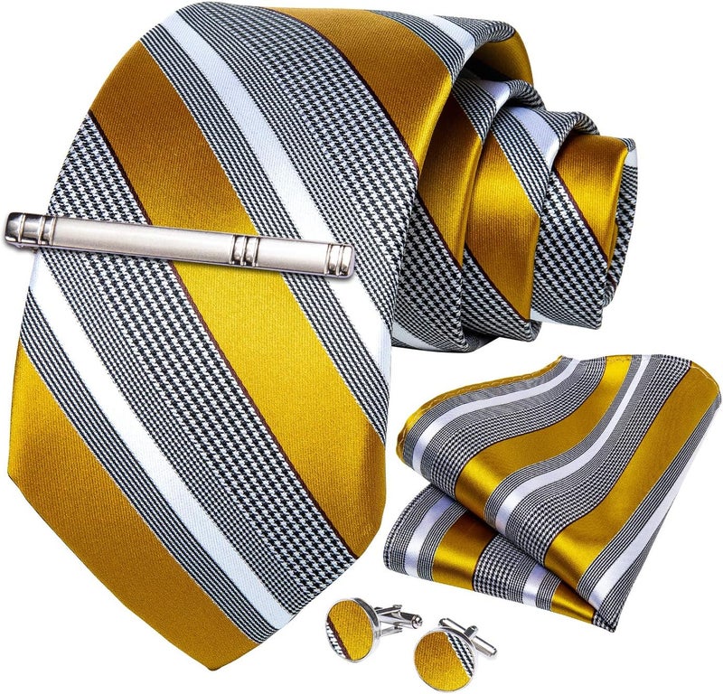 DiBanGu Mens Striped Tie Silk Woven Necktie and Pocket Square Cufflinks Tie Clip Set Wedding Business Formal Gift Tie for Men - Image 2